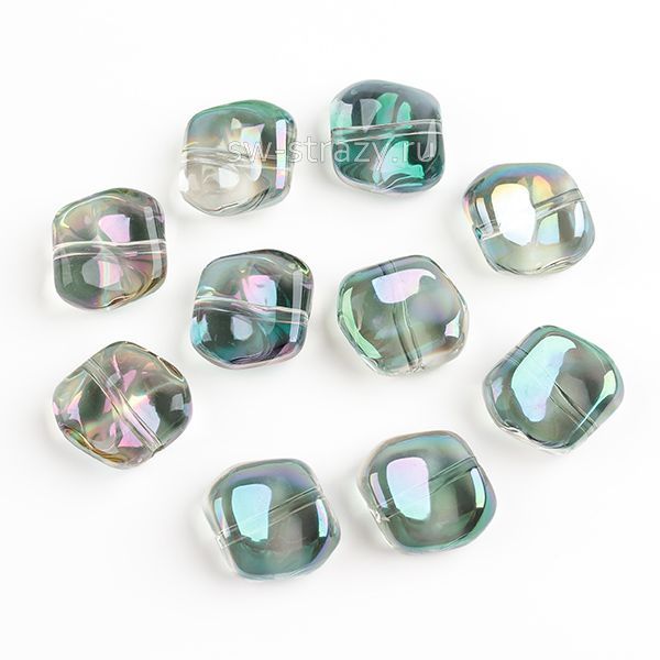 Бусина-квадрат 11 мм прозрачный сиренево-зеленый (стекло)